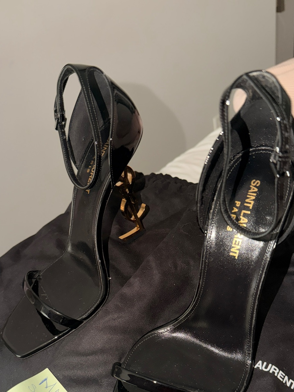 Saint Laurent Black Patent Leather YSL Logo Heel Sandals